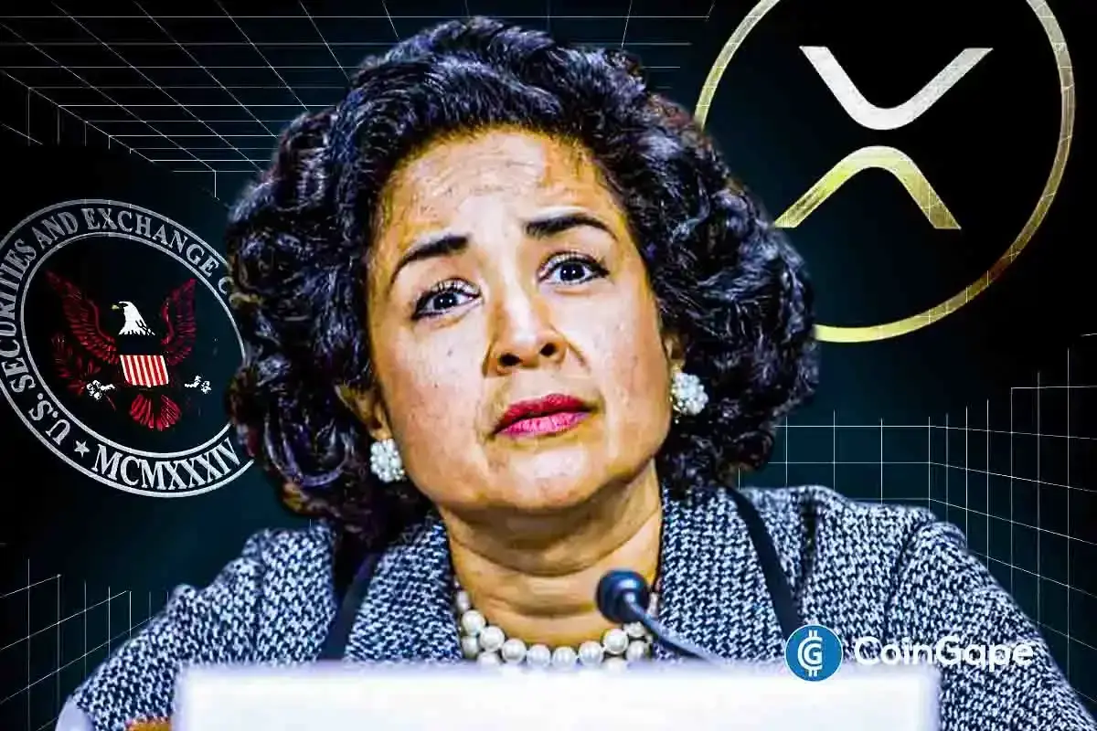 Analisa Torres speaking with SEC logo and XRP symbol in the background.
