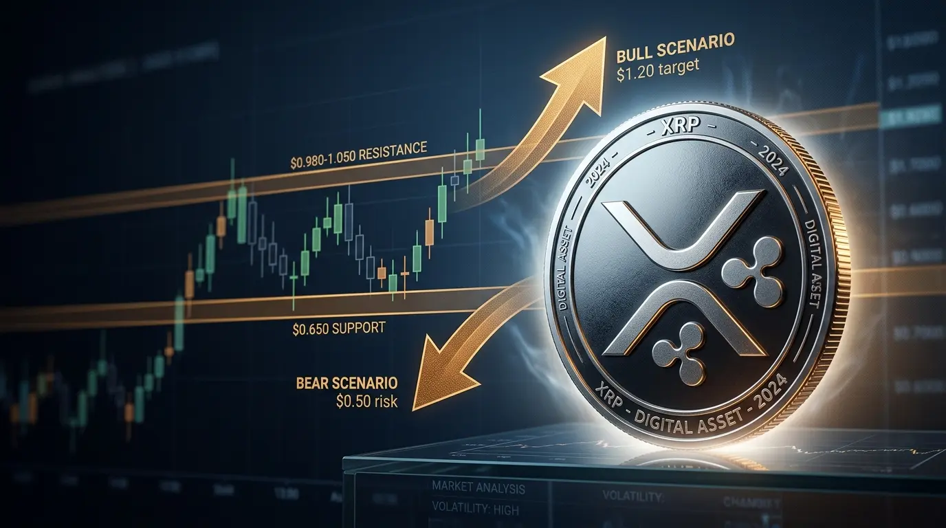 XRP cryptocurrency coin with technical analysis charts showing price levels and directional market scenarios