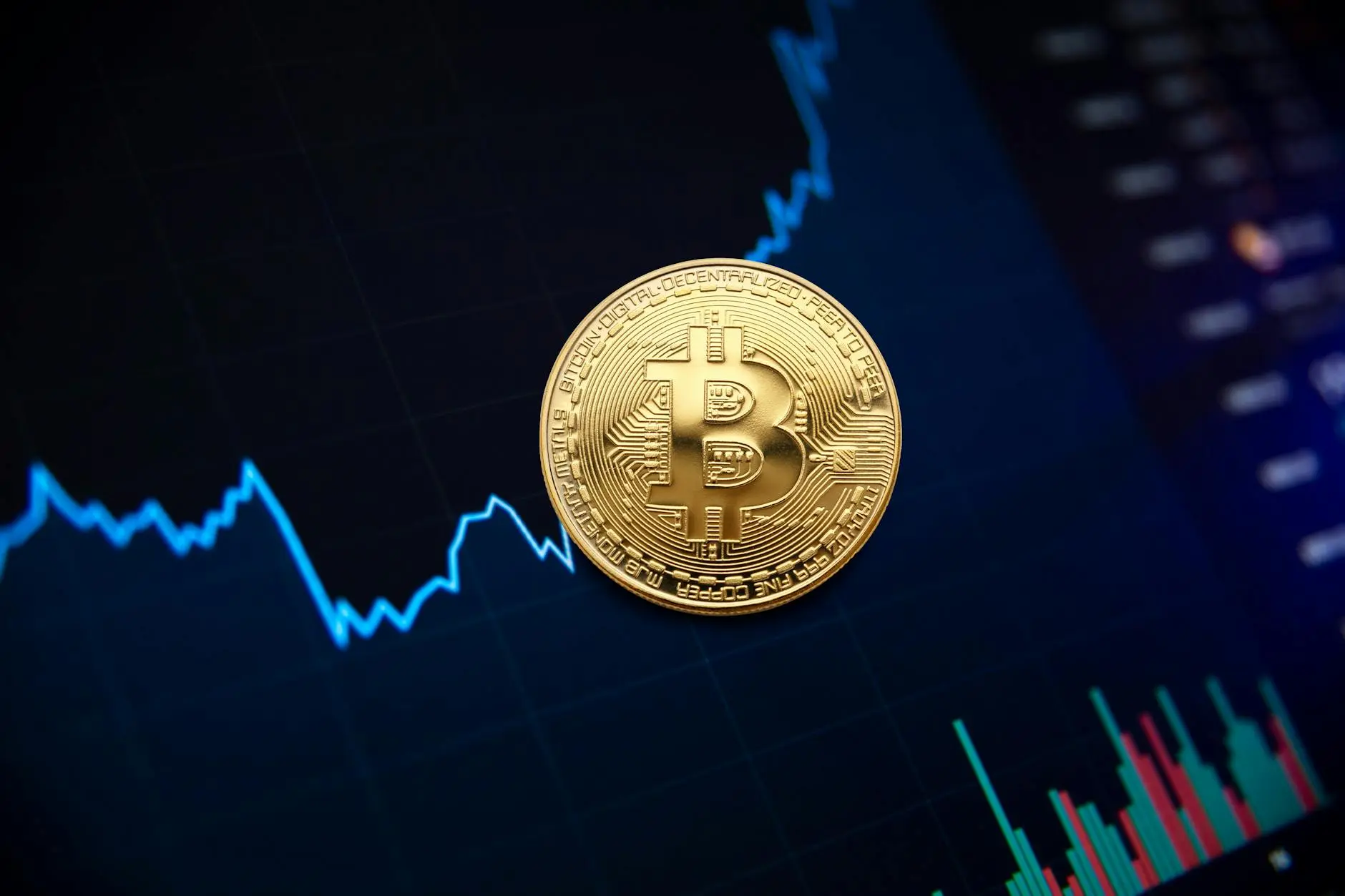 Bitcoin coin in front of a trading chart with upward trend lines.