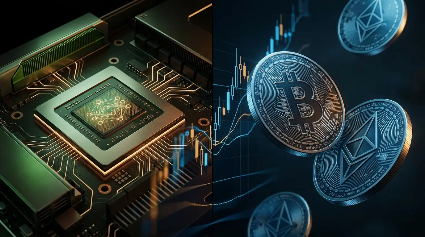 Nvidia chip and Bitcoin Ethereum coins representing tech earnings impact on crypto market risk appetite