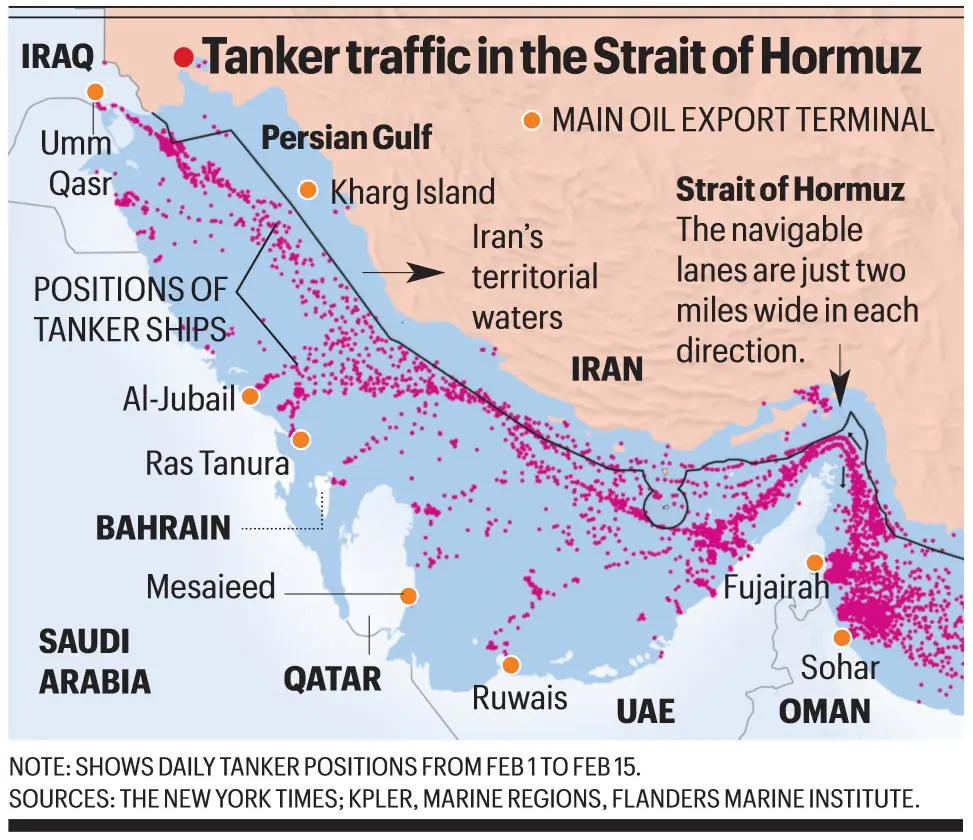 Map showing tanker traffic positions in the Strait of Hormuz and nearby regions.