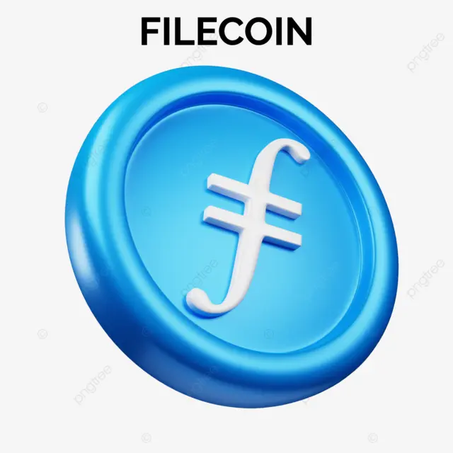 3D representation of the Filecoin FIL logo on a blue background.