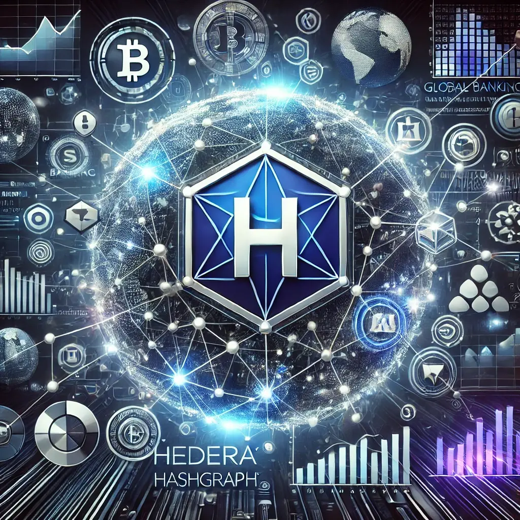 Digital illustration of Hedera Hashgraph network with data graphics and symbols.
