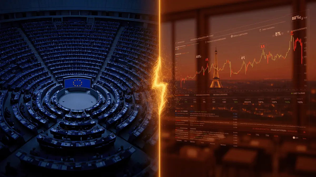 EU parliament and cryptocurrency trading screens illustrating regulatory tension between Europe and US over digital taxes
