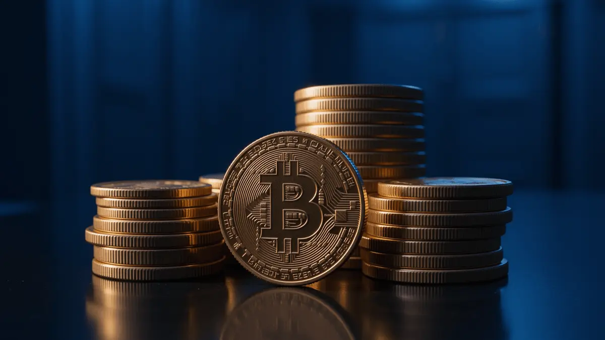 Bitcoin coins stacked in corporate treasury vault representing institutional crypto reserves