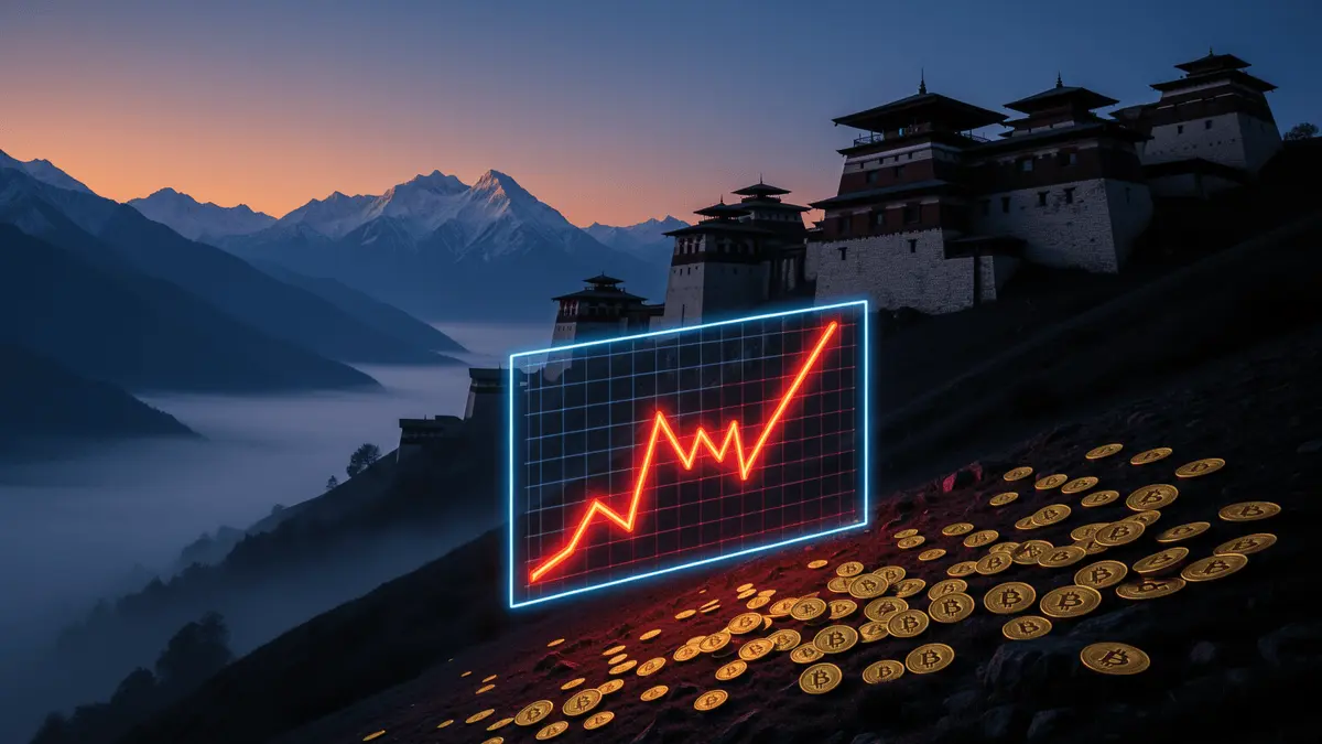 Bhutan's declining Bitcoin reserves visualization with Himalayan mountains and descending graph
