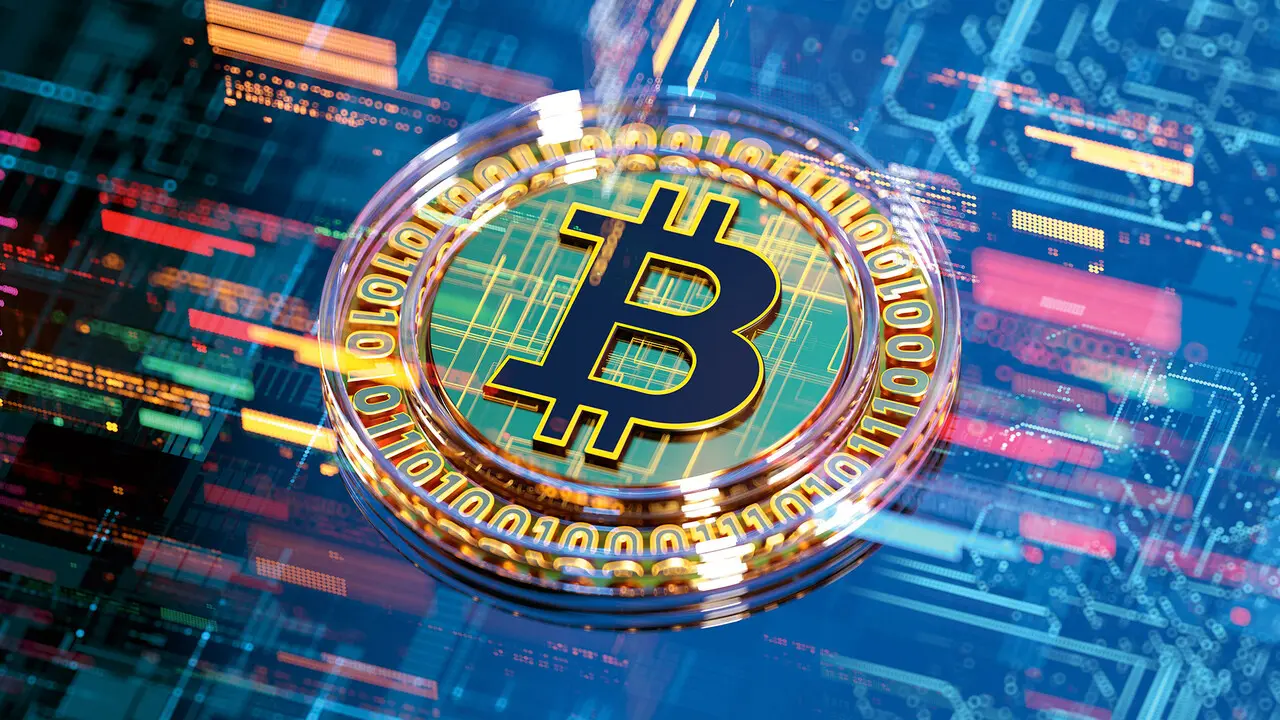 3D rendering of a Bitcoin symbol with a digital background.