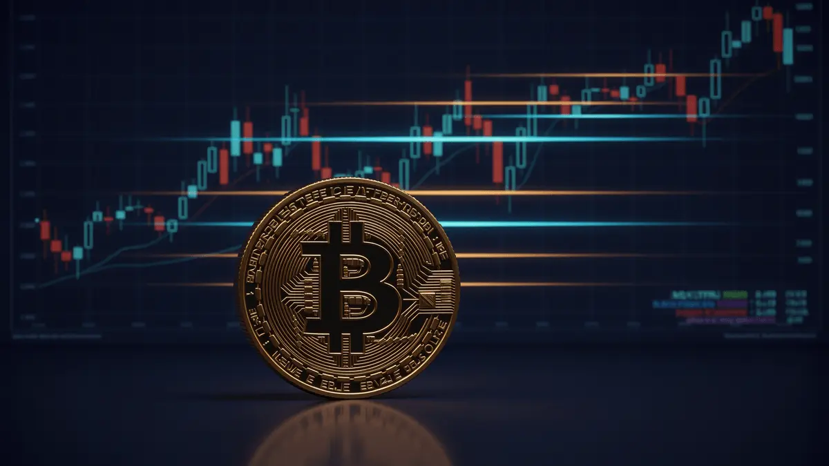 Bitcoin coin with technical analysis chart showing price consolidation and key support resistance levels