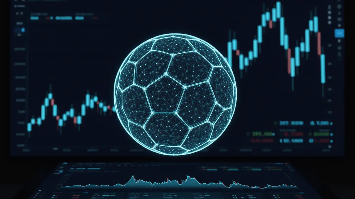 Polymarket trading platform visualization with blockchain soccer ball hologram and upward trending market data