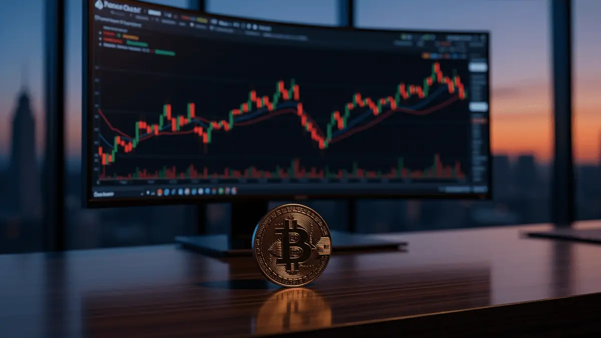 Financial analyst workspace with Bitcoin coin and declining cryptocurrency charts on monitor
