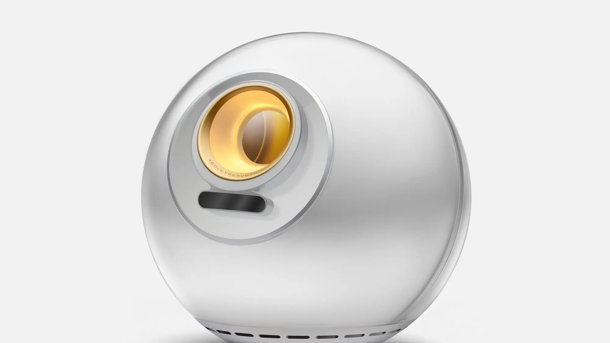Worldcoin Orb iris scanner device, a spherical white device with a circular iris scanning lens.