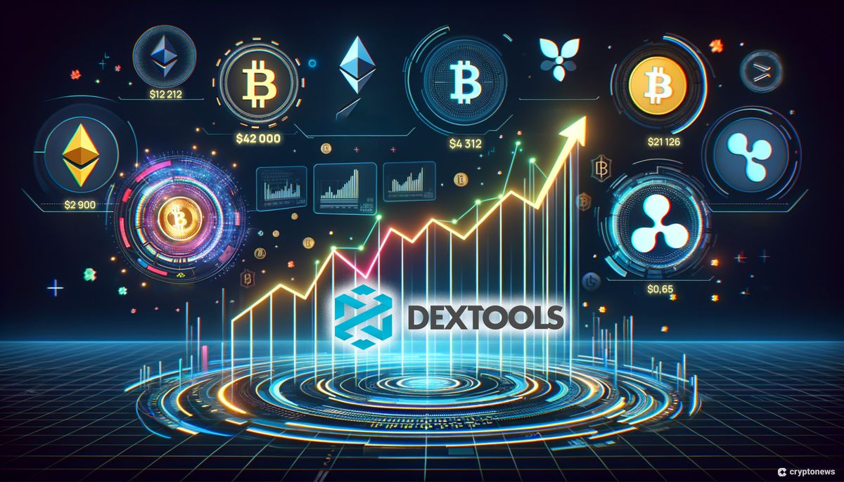 شعار موقع DEXTools تحيط به رموز العملات الرقمية ومخططات تداول