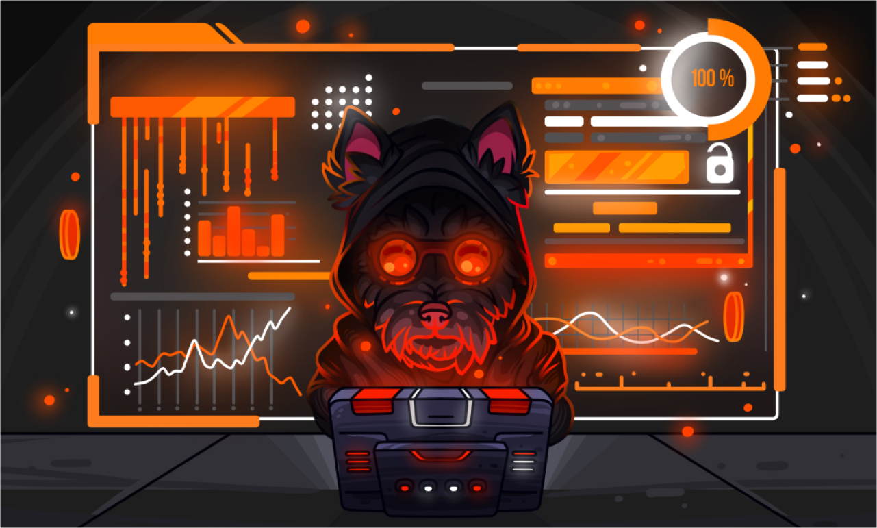 كلب Scotty يرتدي نظارةً حمراء وأمامه جهاز كمبيوتر ومن ورائه شاشةٌ تحتوي مخططات بيانية