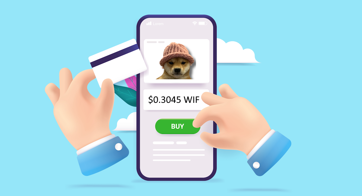 يد تضغط زر شراء على هاتف محمول فيه صورة لكلب يرتدي قبعة، وفي اليد الأخرى بطاقة مصرفية