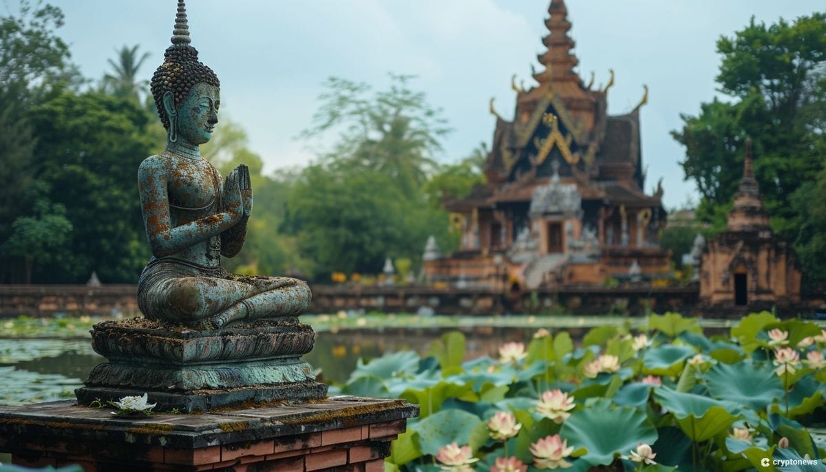 معبد أمامه بحيرة وأزهار اللوتس وتمثال بوذا