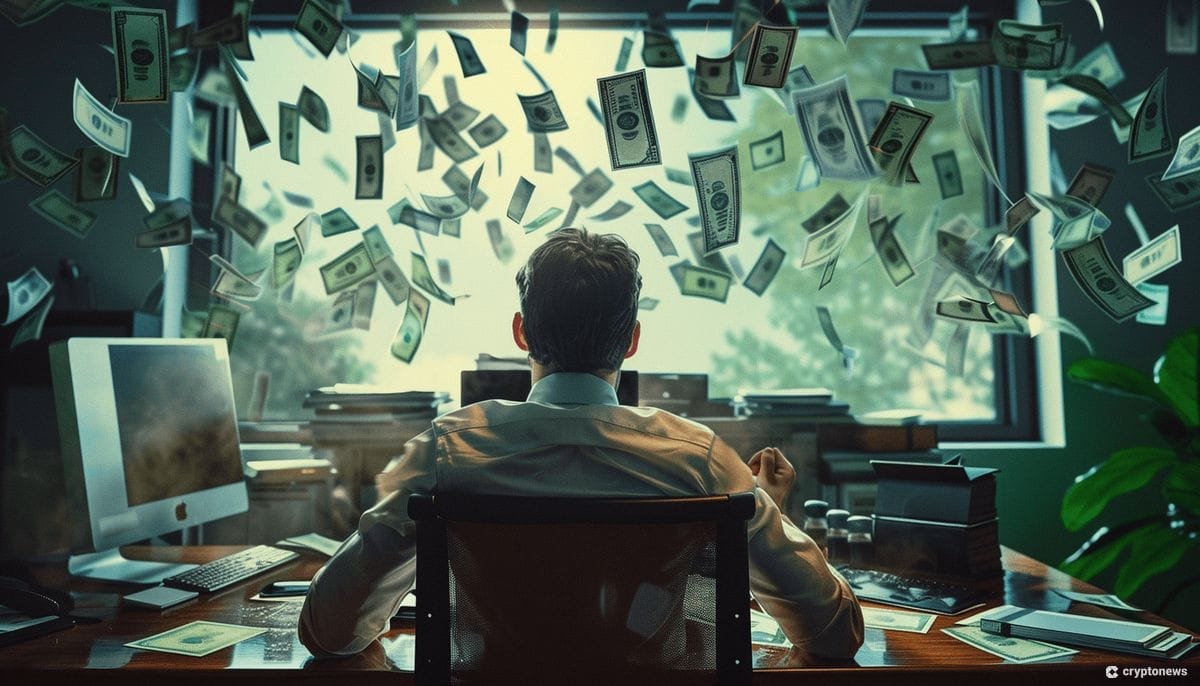 رجل يدير ظهره للصورة وهو جالس إلى مكتبه الذي يطل على بضعة أشجار، وأمامه على المكتب جهاز كمبيوتر وكتب، وتتناثر أوراق مالية حوله وفوق رأسه