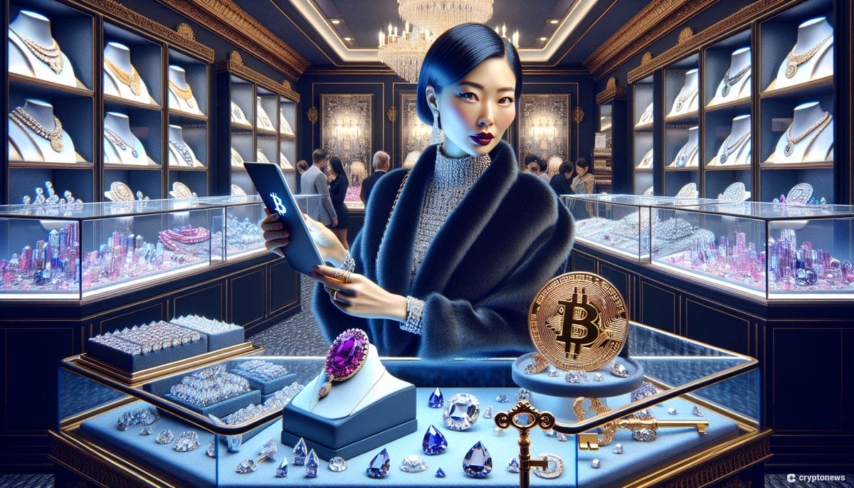 سيدةٌ صينية راقية تقف في متجر مجوهراتٍ وعلى منصة العرض أمامها عملةٌ معدنية كبيرة تحمل شعار بيتكوين وفي يديها جهازٌ لوحي يحمل نفس الشعار