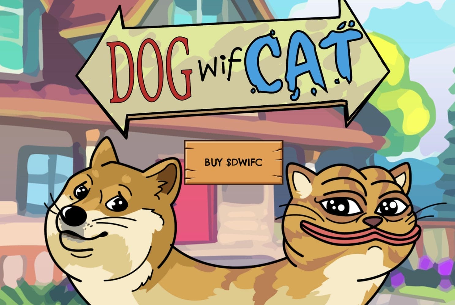رسم لكلب ملتصق بقطة يمثل شعار عملة DWIFC وفوقه لافتةٌ تحمل اسم العملة ولافتة صغيرة تشجع على شرائها