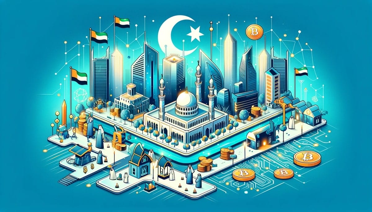 هولوجرام لمصرف الإمارات العربية المتحدة وأمامه عملات بيتكوين