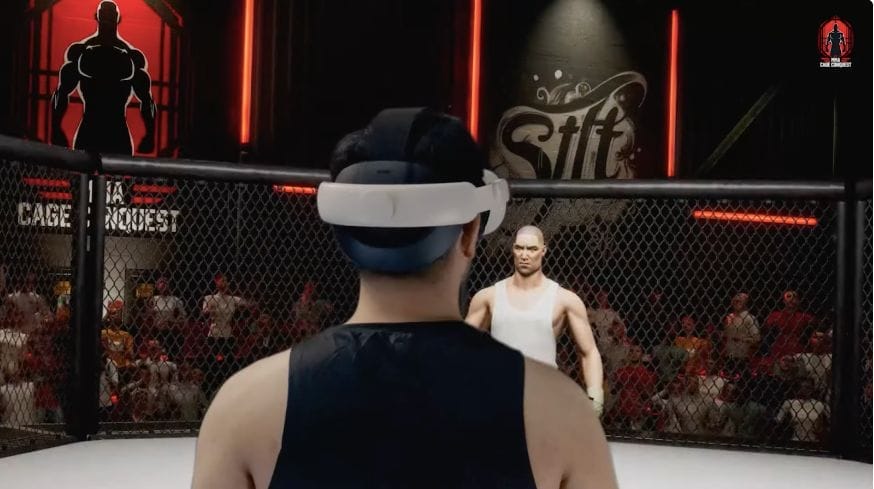 صورة بالذكاء الصنعي لرجلين في حلبة ملاكمة يرتدي أحدهما جهاز واقع افتراضي للرأس وجماهير تتابع النزال
