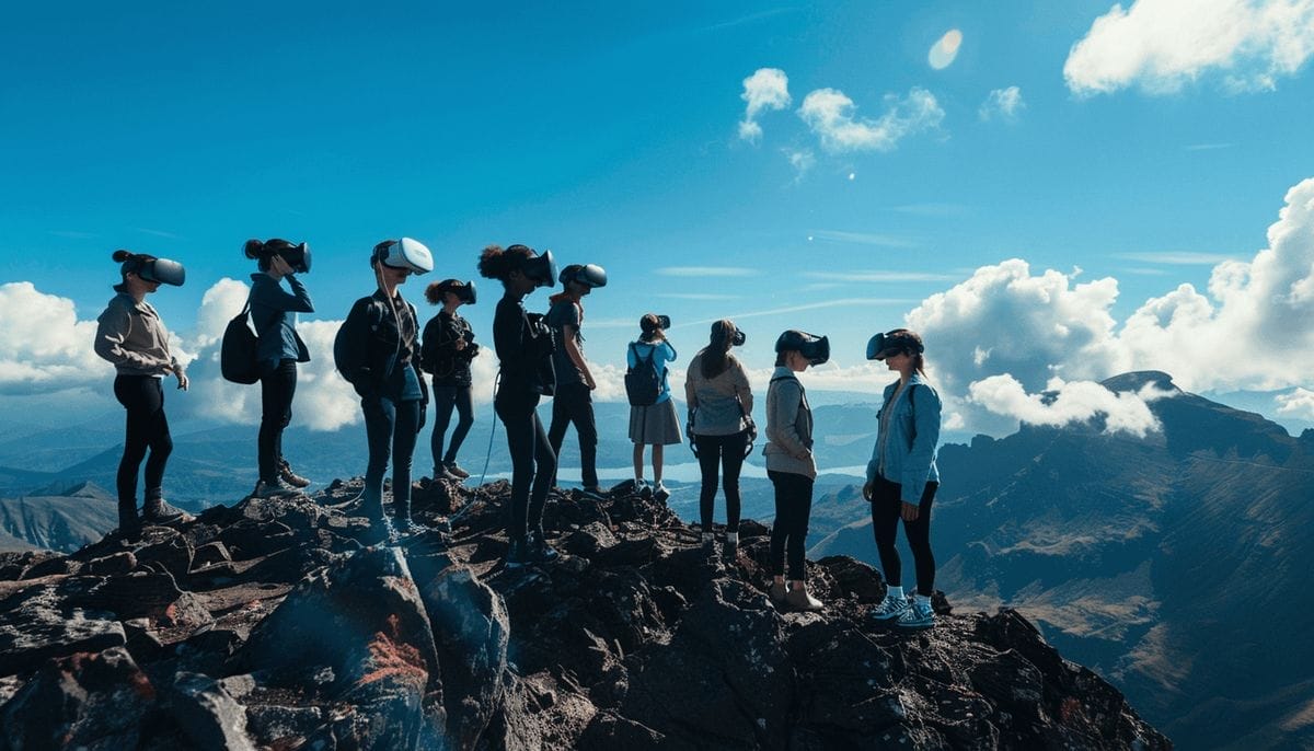 مجموعة من الأشخاص يرتدون نظارات الواقع الافتراضي ويقفون فوق جبل مرتفع وتحيط بهم الجبال والسحب
