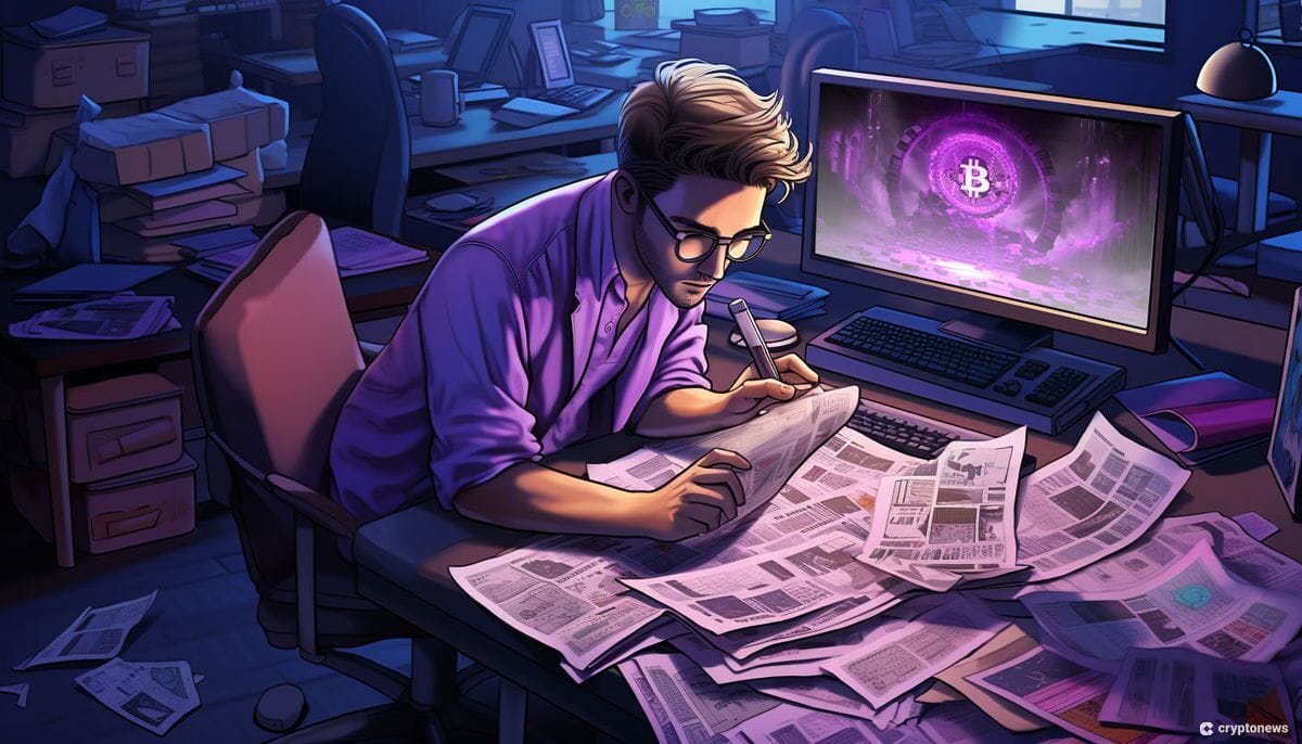 رجل يجلس في مكتب يقرأ صحفاً وبجانبه شاشة كمبيوتر عليها شعار بيتكوين