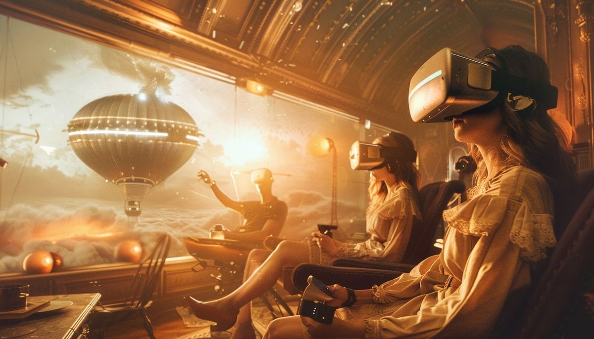 أشخاص يلعبون مرتدين نظارات واقع افتراضي ضمن مقصورة يظهر من نافذتها منطاد مستقبلي متطوّر