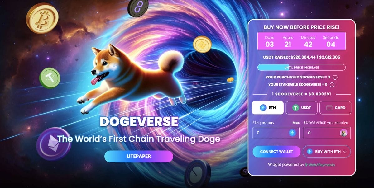 واجهة مستخدم مشروع Dogeverse وشخصيته الرئيسية الكلب كوزمو بقدرته الخارقة على القفز عبر عدة شبكات بلوكتشين