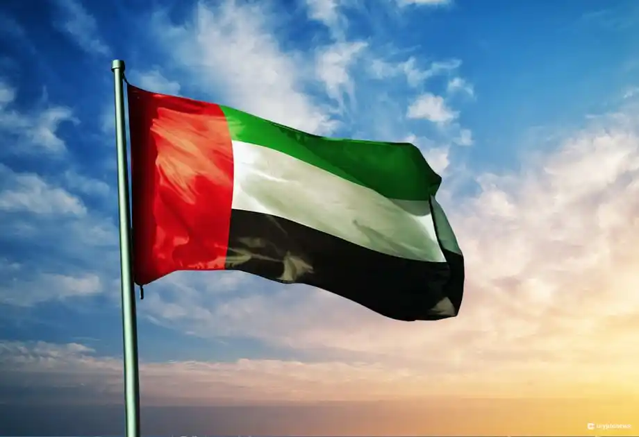 علم دولة الإمارات العربية المتحدة على خلفية سماء وغيوم