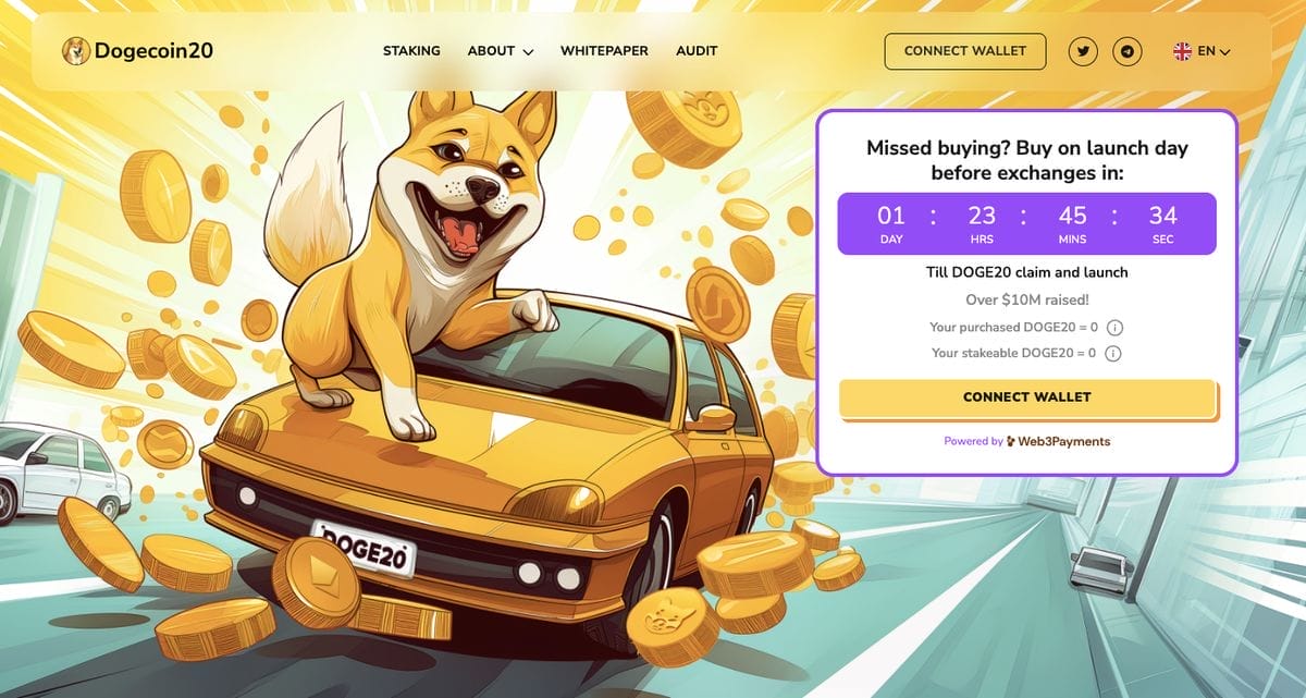 الصفحة الرئيسية لموقع Dogecoin20 ويظهر فيها كلب على سيارة مسرعة تتطاير حولها عملات ذهبية، ولوحة معلومات إطلاق العملة