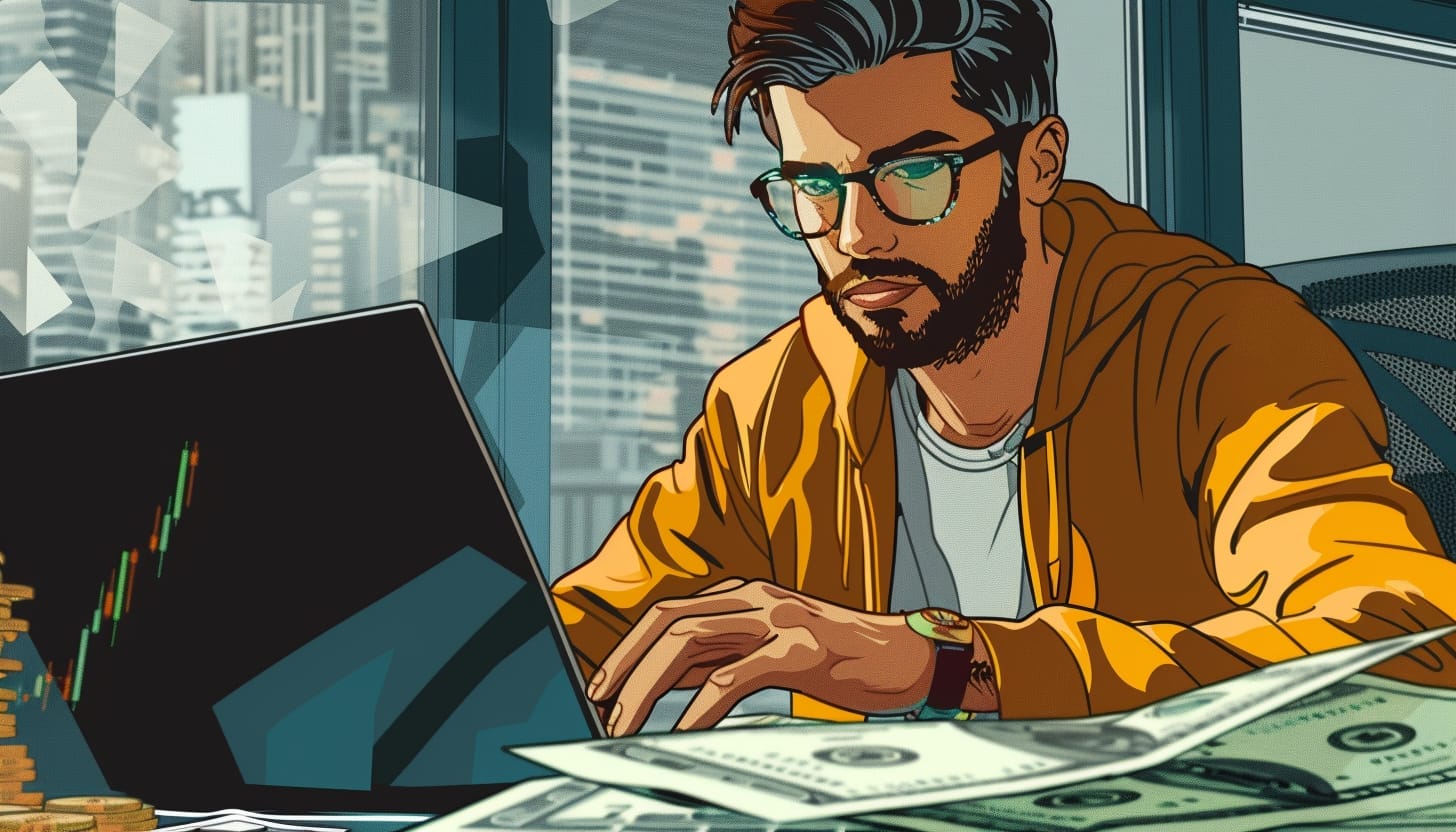 رجل يجلس أمام حاسبه المحمول وبجانبه بعض الأموال والعملات النقدية