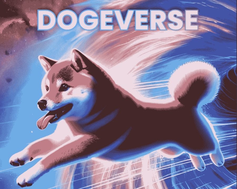 كلبٌ من نوع شيبا إينو وفوقه عبارة DOGEVERSE