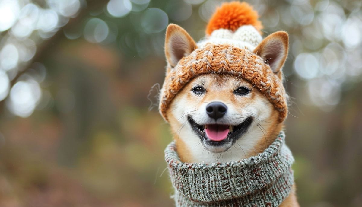 كلب شيبا إينو مبتسم ويرتدي قبعة صوفية