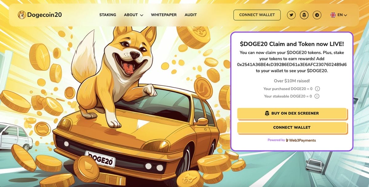 الصفحة الرئيسية لموقع Dogecoin20 التي تضم لوحة خيارات الرهن وربط المحفظة