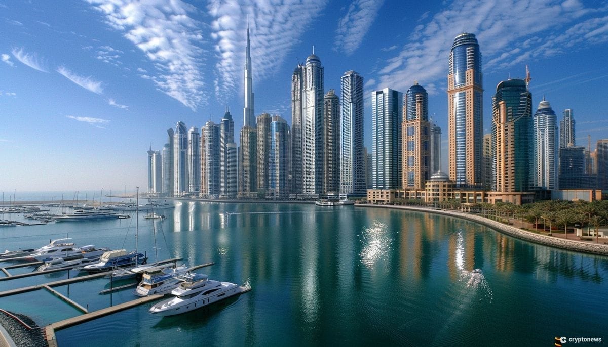 أحد موانئ دبي وتظهر فيه قوارب ويخوت ومحاط بمباني شاهقة وسماء صافية