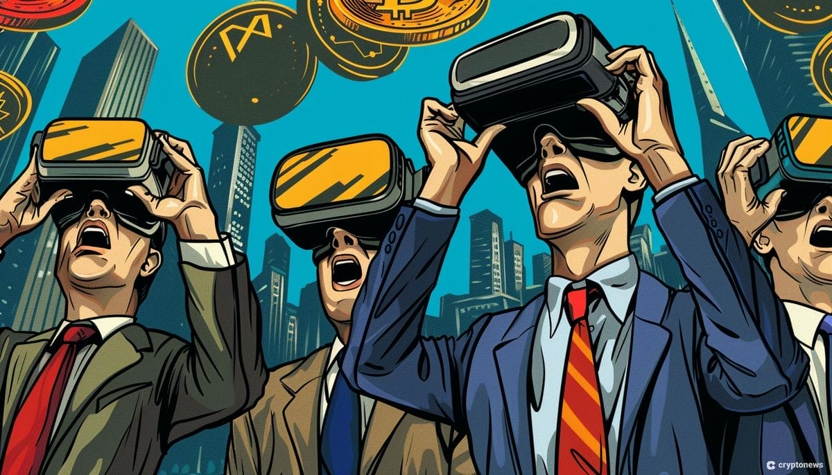 رجال يقفون ضمن مدينة محاطين بناطحات السحاب ويرتدون نظارات الواقع الافتراضي