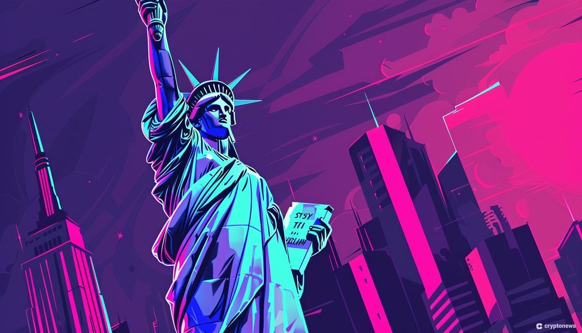 تمثال الحرية وخلفه مدينة باللون الزهري