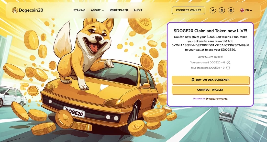 واجهة مستخدم موقع Dogecoin20 وإلى يسار الصورة يجلس كلب من فصيلة شيبا إينو على سيارة ومن حوله عملات متطايرة