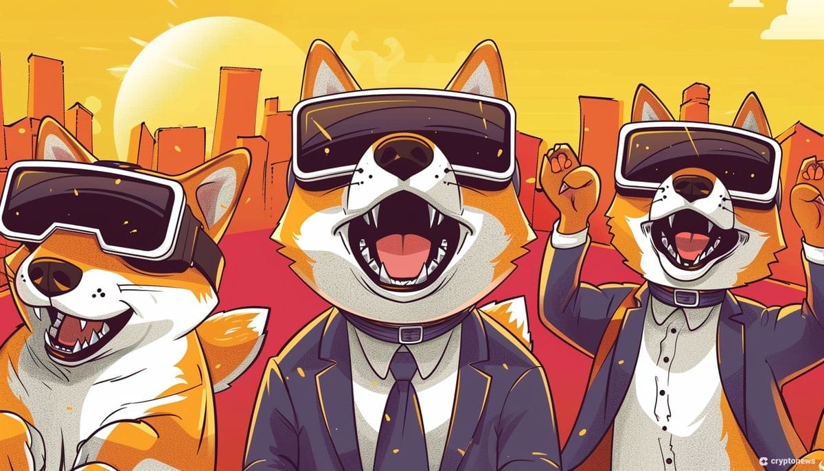 رسم لثلاثة كلاب شيبا إينو يرتدون البذلات ويرتدون نظارات الواقع الافتراضي