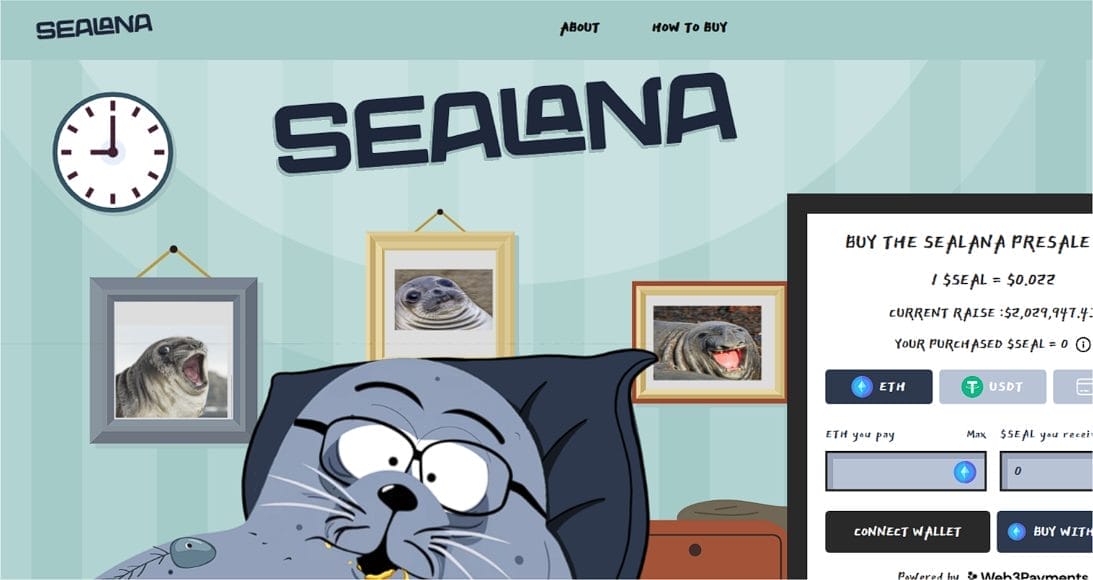 الصفحة الرئيسية لـ Sealana تُظهر فقمةً يجلس في مكتب مع أداة اكتتاب العملة