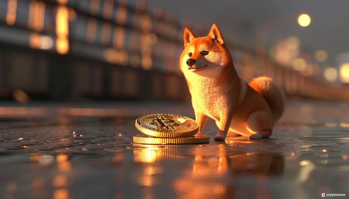 كلب شيبا إينو يقف أمام عملات بيتكوين ذهبية