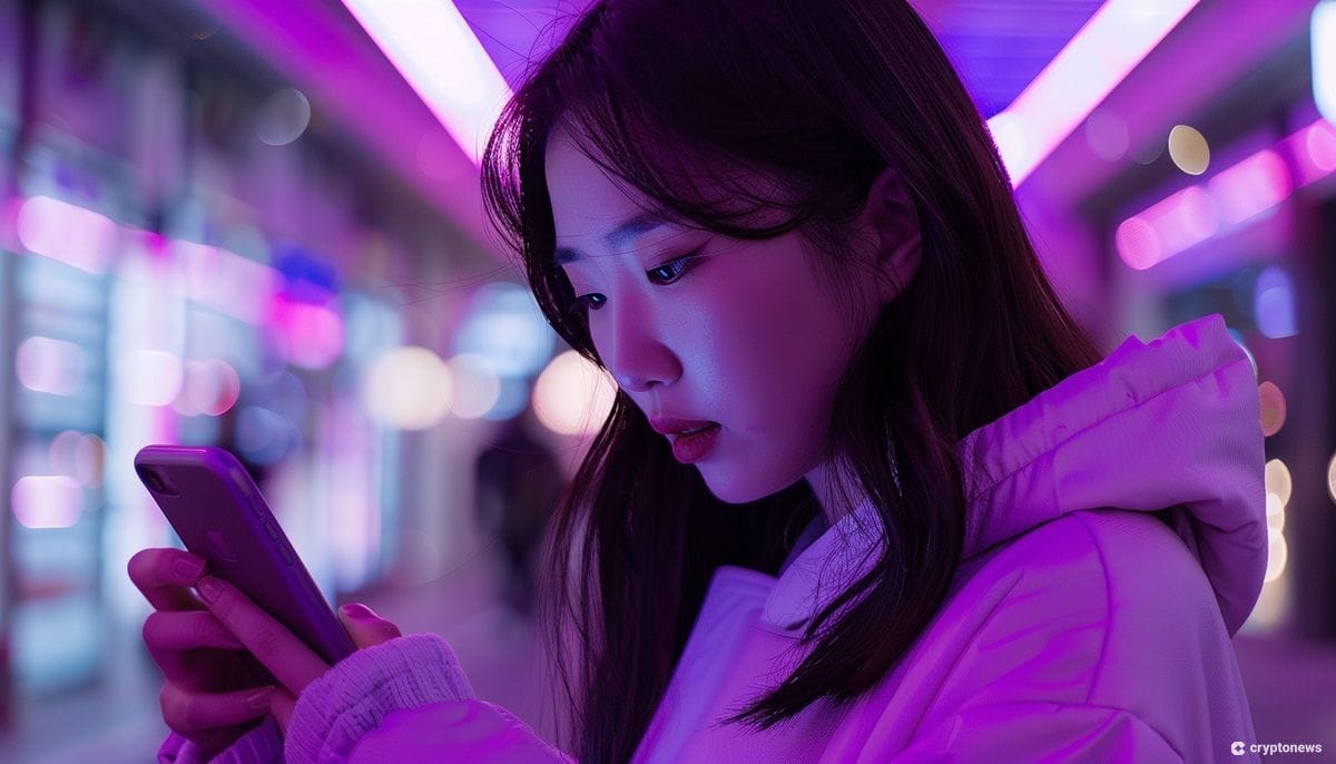 فتاة كورية ترتدي معطفاً أبيض وتحدق بشاشة هاتفها الذكي