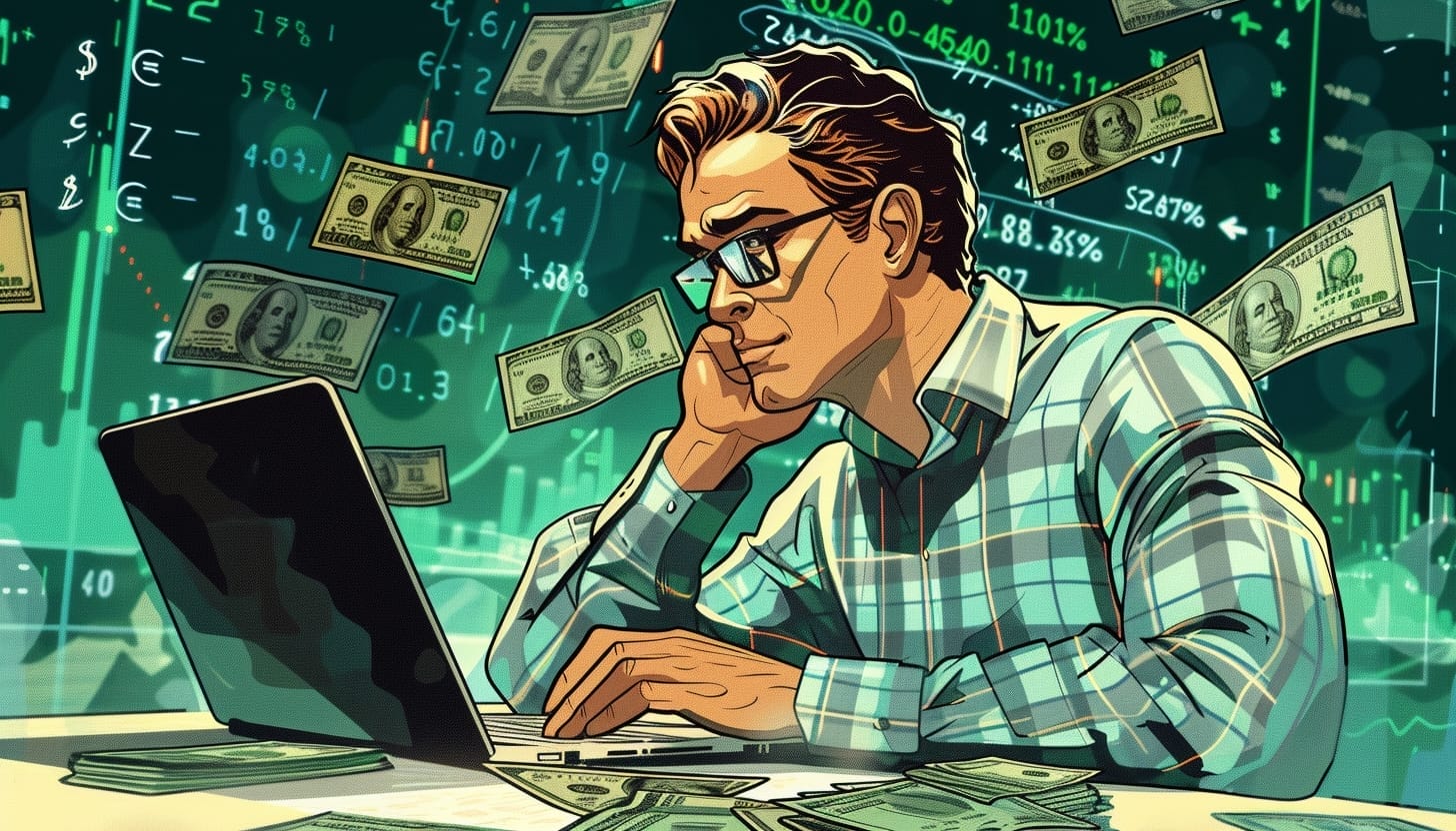 رجل يجلس على كمبيوتر محمول وحوله الكثير من الدولارات
