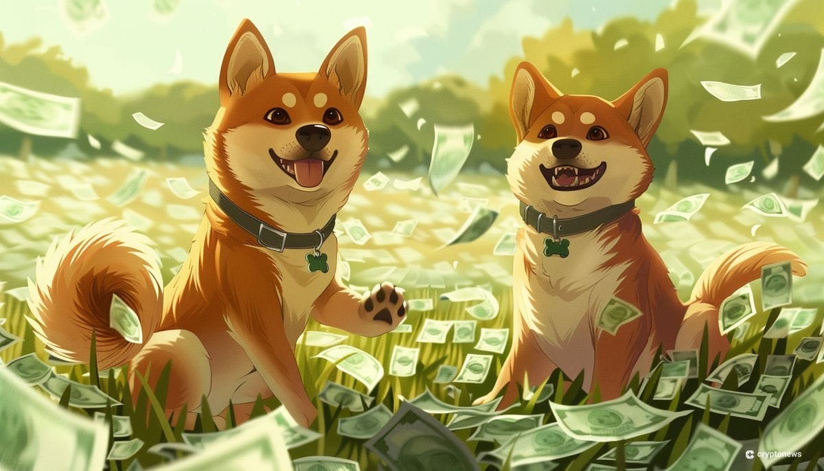 كلبان من فصيلة شيبا إينو يمرحان في حقل مغطى بالعشب وتحلق حولهما أوراق نقدية