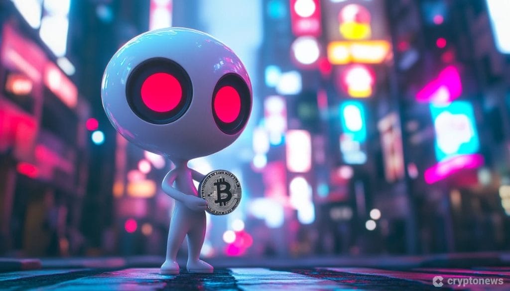 طفل فضائي أبيض يحمل عملة بيتكوين معدنية وسط مدينة مضاءة