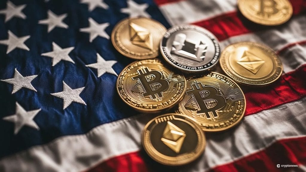 علم الولايات المتحدة الأمريكية عليه قطع نقدية تحمل شعاراتٍ لعملات رقمية