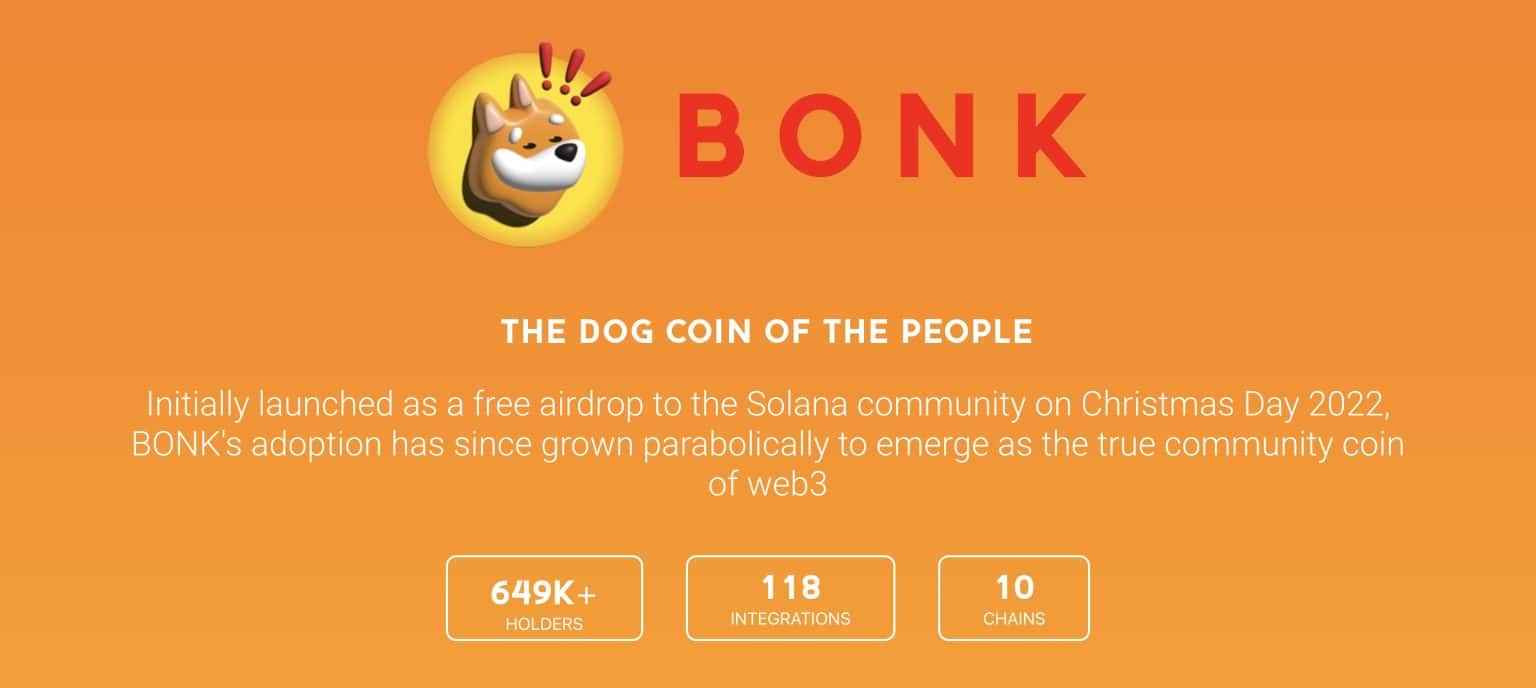 اسم عملة Bonk ورأس كلب وعبارة تصف Bonk بعملة الناس