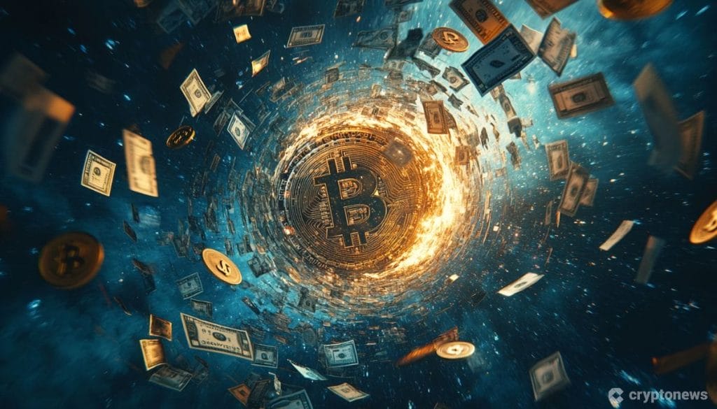 عملة بيتكوين معدنية في مركز زوبعةٍ من العملات والأوراق المالية