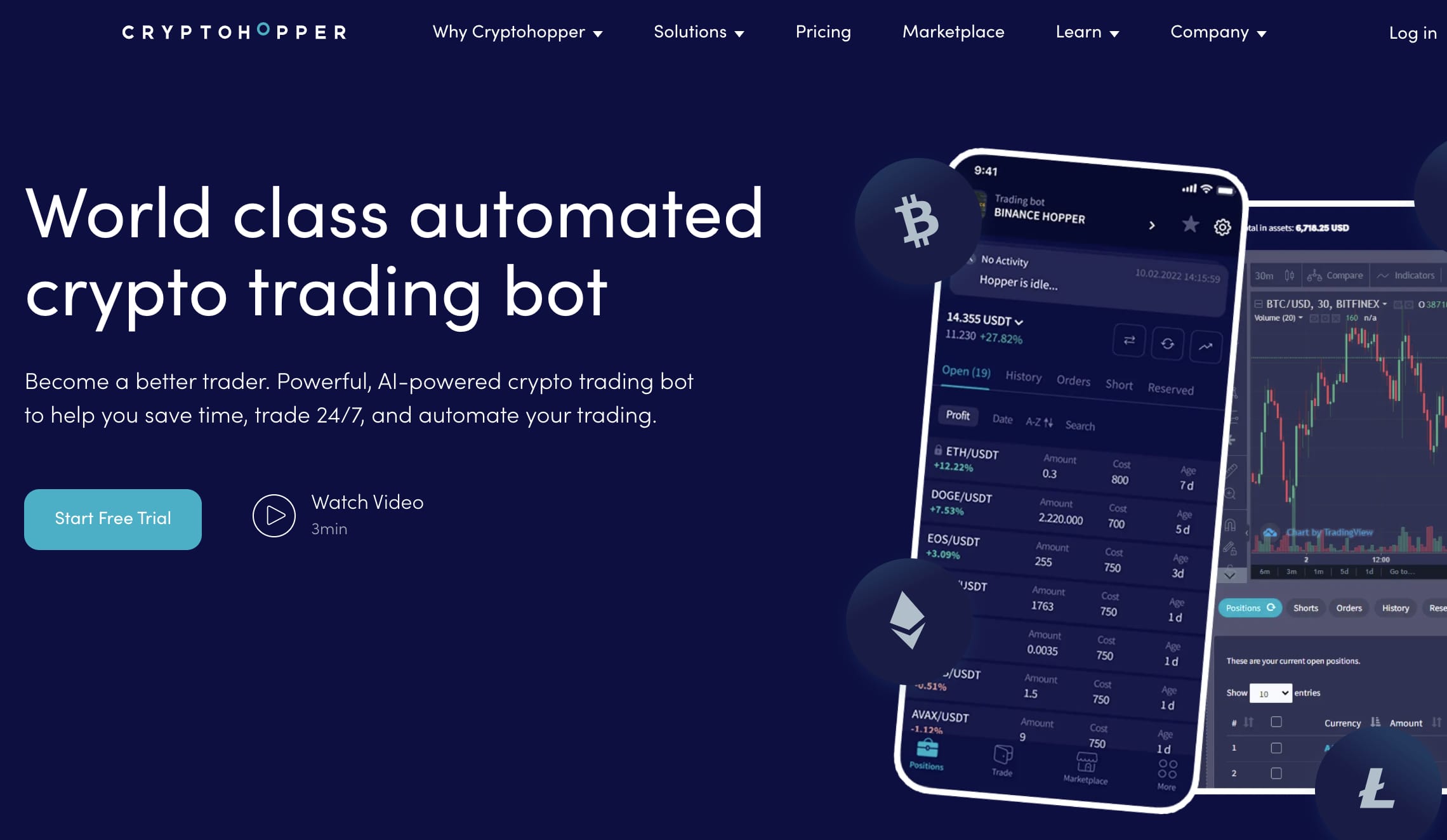 واجهة منصة Cryptohopper للتداول التلقائي للعملات الرقمية تتضمن عبارات ترويجية تدعو لاستخدامها