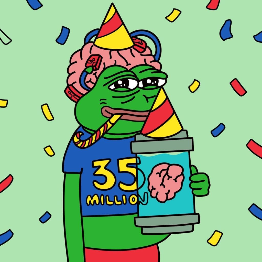 ضفدع Pepe Unchained يرتدي قميصاً عليه رقم 35 مليون احتفالاً بحصيلة الاكتتاب